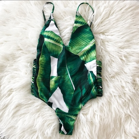 One piece swimsuit tropical leaf print - Picture 2 of 5